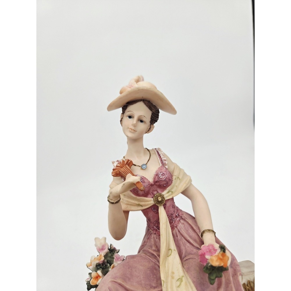 Woman With Flowers Bench Figurine Tea Party  13.5" Resin On Wood Base - Picture 6 of 7